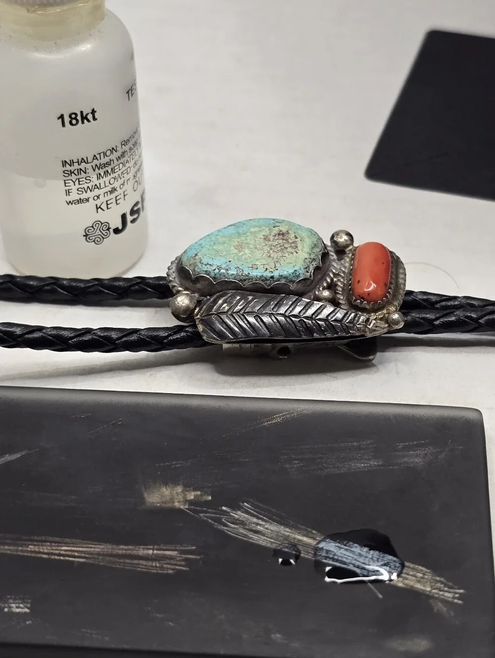 Vintage Native American Signed E&CR Sterling Silver Turquoise & Coral Bolo 36